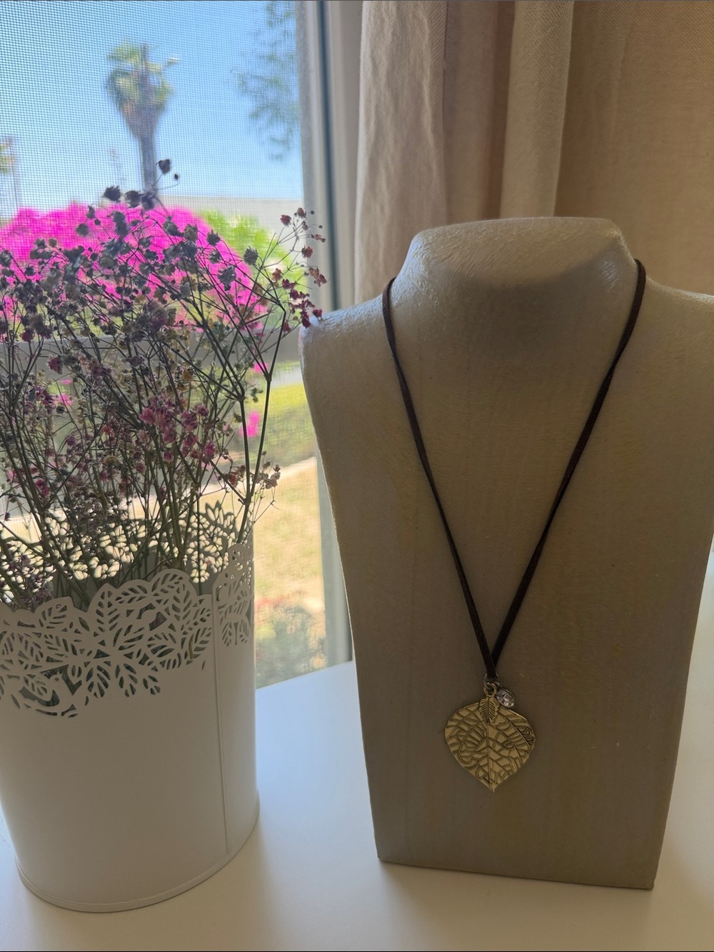 Source Unknown Brown Cord Necklace with Gold Leaf Pendant